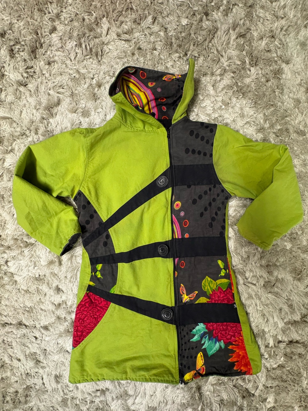 Leopards & Roses Bright Lime Green Hooded Patchwork Jacket szM